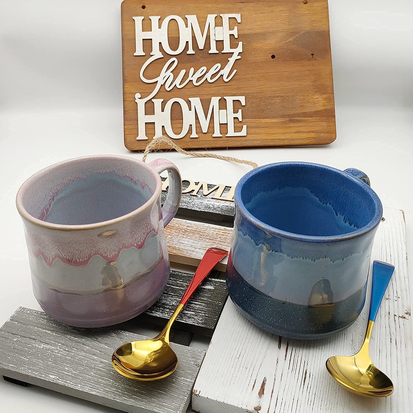 Large Mug Ceramic Coffee Mug 21Oz with Spoon and Large Handle;Large Teamug for Home and Office;Durable Ceramic Mug Suit (Blue + Purple)