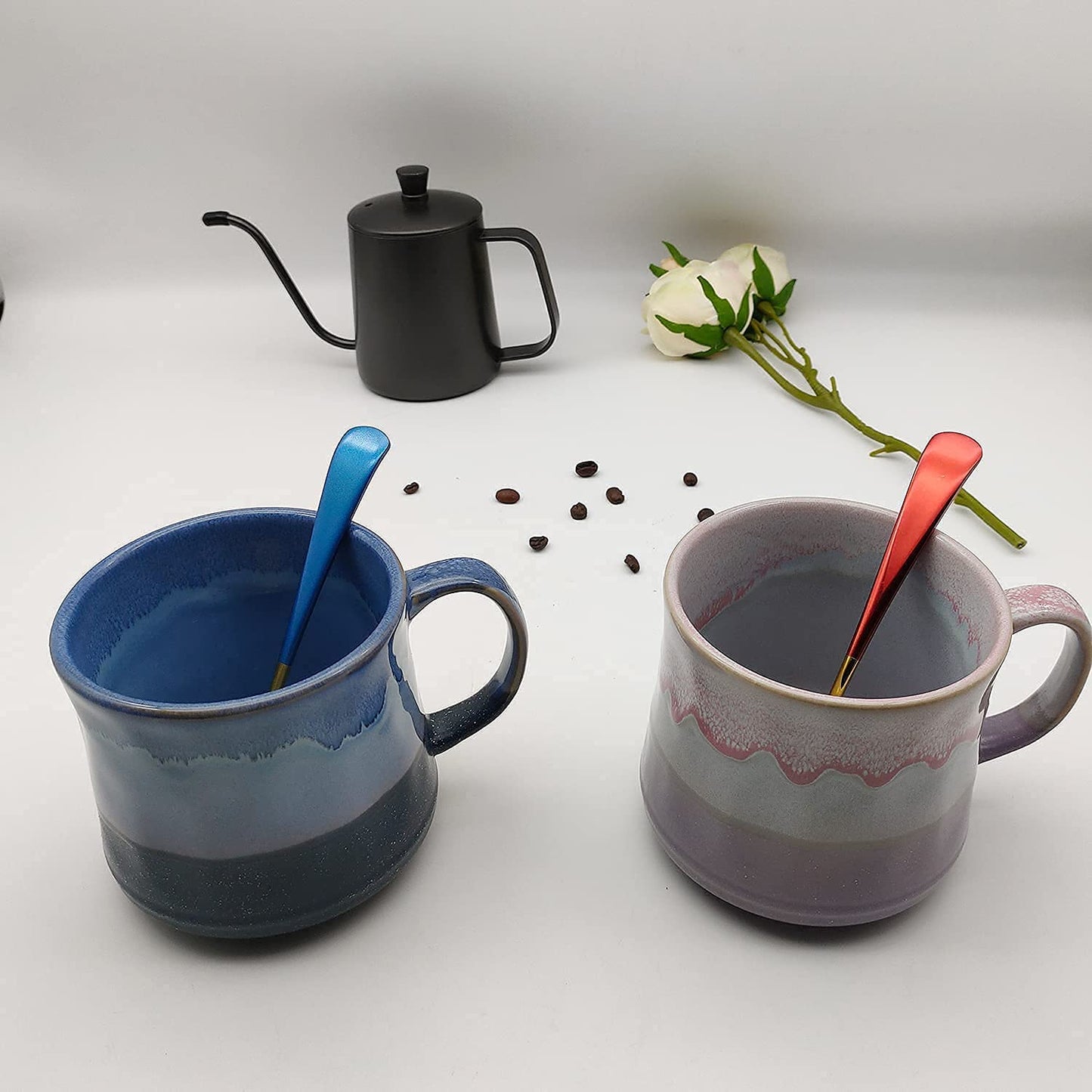 Large Mug Ceramic Coffee Mug 21Oz with Spoon and Large Handle;Large Teamug for Home and Office;Durable Ceramic Mug Suit (Blue + Purple)