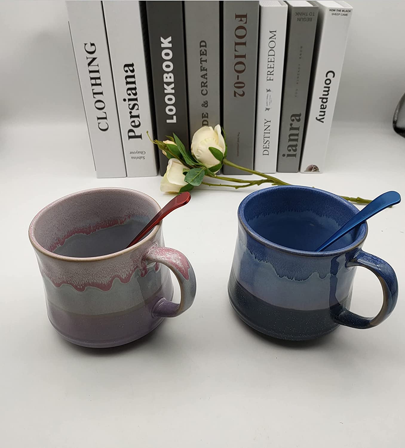Large Mug Ceramic Coffee Mug 21Oz with Spoon and Large Handle;Large Teamug for Home and Office;Durable Ceramic Mug Suit (Blue + Purple)