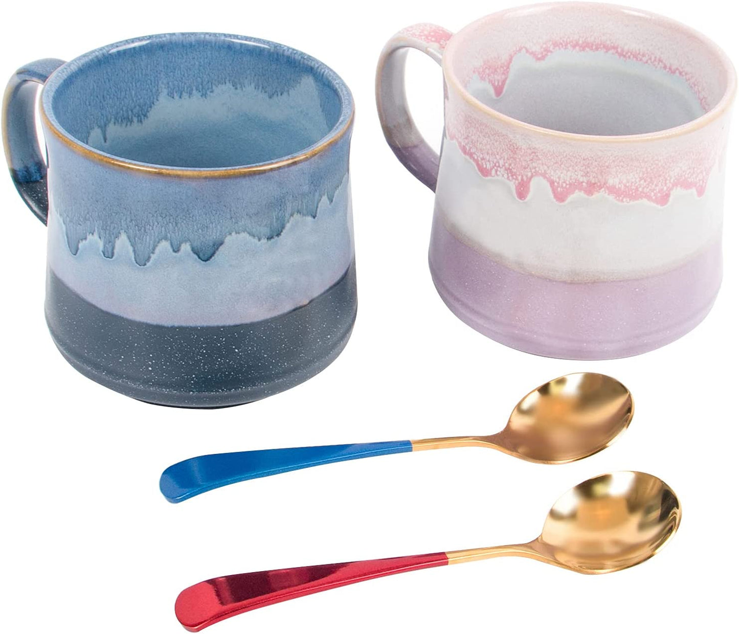 Large Mug Ceramic Coffee Mug 21Oz with Spoon and Large Handle;Large Teamug for Home and Office;Durable Ceramic Mug Suit (Blue + Purple)