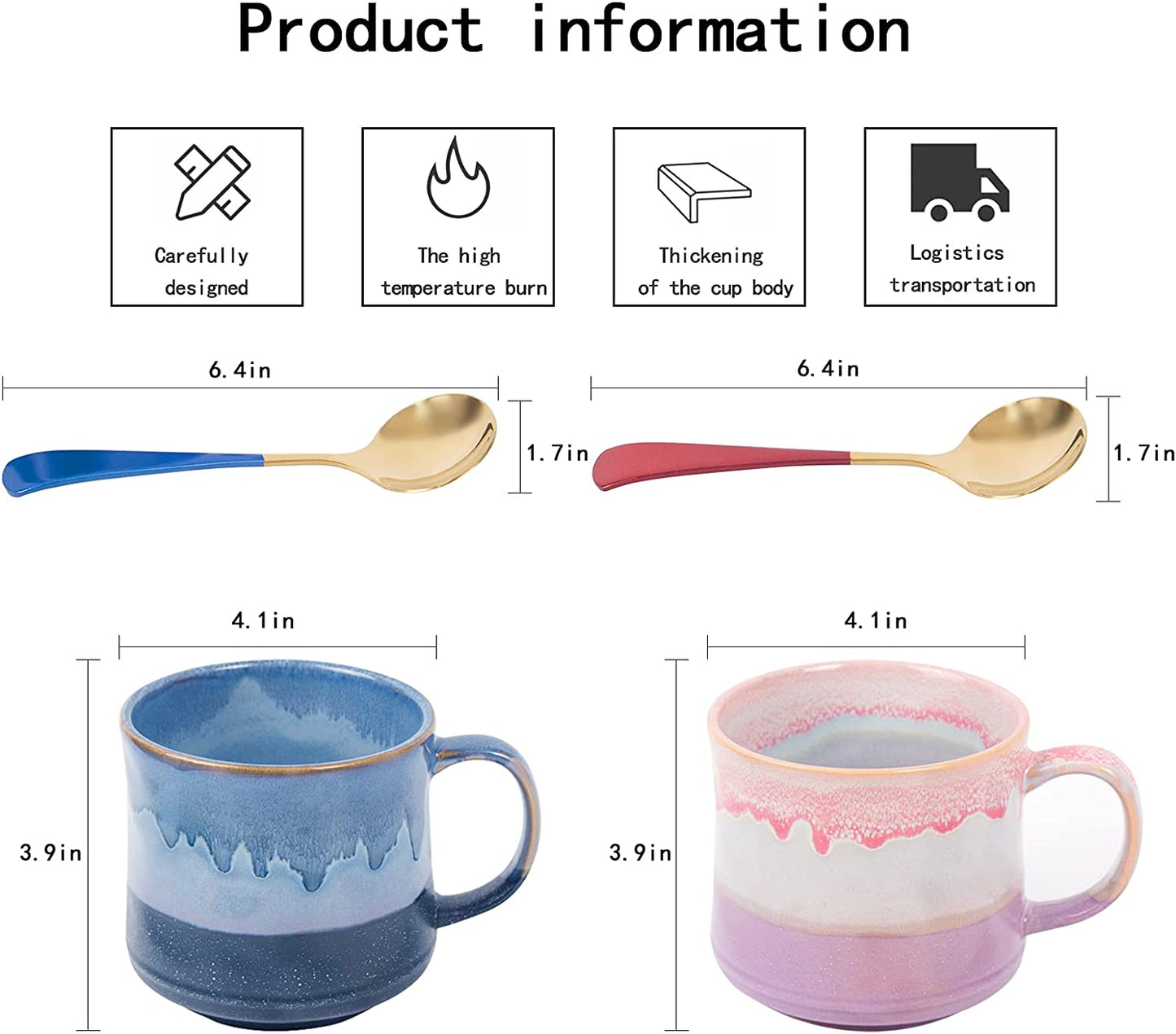 Large Mug Ceramic Coffee Mug 21Oz with Spoon and Large Handle;Large Teamug for Home and Office;Durable Ceramic Mug Suit (Blue + Purple)